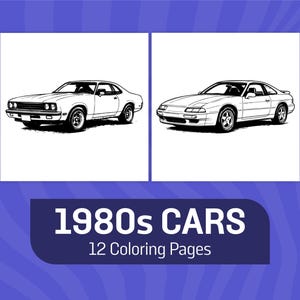 Könnte beinhalten: Schwarz-weiß-Zeichnungen von zwei Autos aus den 1980er Jahren zum Ausmalen. Der Text "1980s CARS 12 Coloring Pages" befindet sich unter den Bildern.