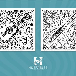 Printable digital coloring book page with easy-to-color musical instrument illustrations.