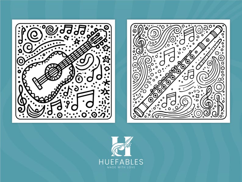 Printable digital coloring book page with easy-to-color musical instrument illustrations.