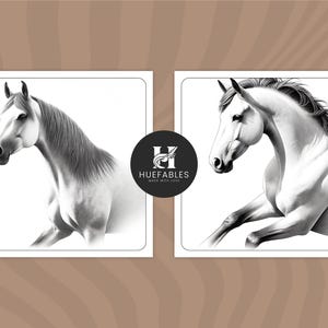May include: Two black and white drawings of horses. The horse on the left is standing with its head turned to the side. The horse on the right is running with its head turned to the side. Both horses are drawn in a realistic style.
