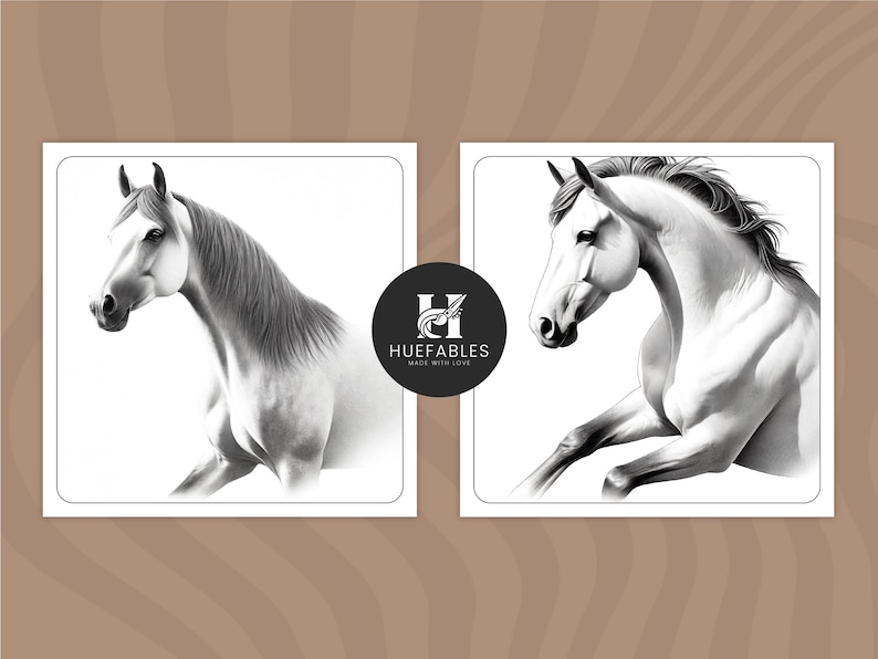May include: Two black and white drawings of horses. The horse on the left is standing with its head turned to the side. The horse on the right is running with its head turned to the side. Both horses are drawn in a realistic style.