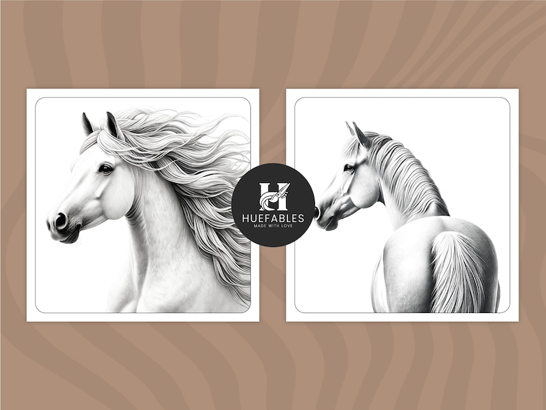 May include: Two black and white pencil drawings of a white horse. The horse on the left is facing the viewer with its head turned to the side. The horse on the right is facing away from the viewer with its head turned to the side. The drawings are on a white background.