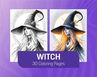 Hexe Graustufen Malseiten: 30 Fantasy Illustrationen (PDF)