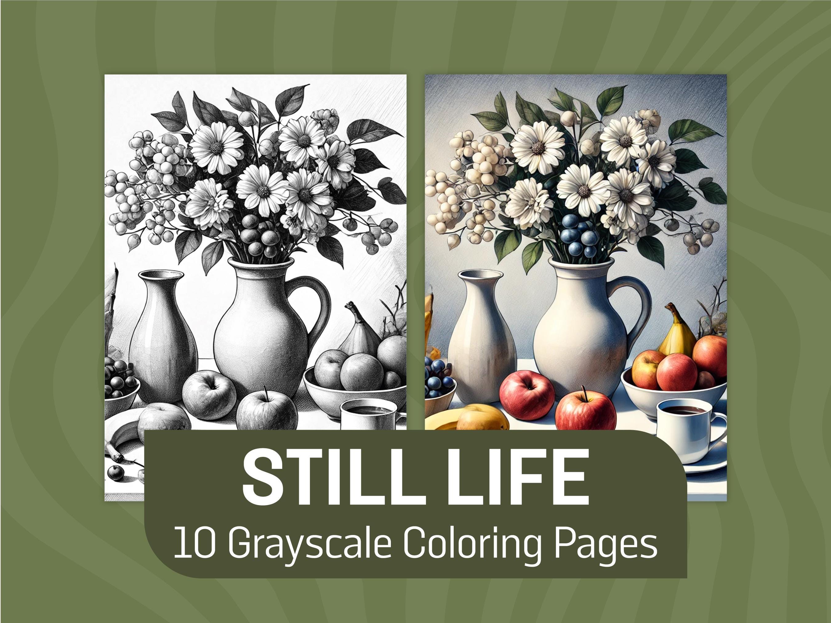 Still Life Grayscale Coloring Pages for Adults and Kids | Printable Realistic Still Life Coloring Book | Still Life Coloring Sheets