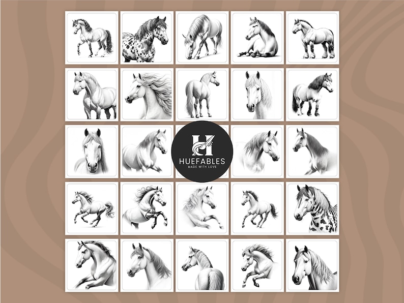 May include: A set of 24 black and white horse illustrations. Each illustration features a different horse breed and pose. The illustrations are drawn in a realistic style and are perfect for use in a variety of projects.