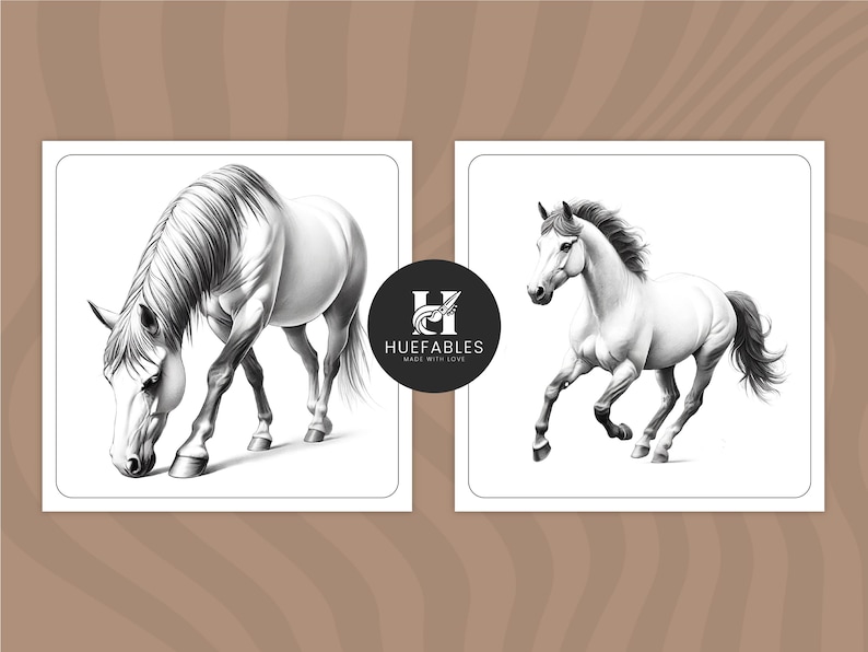 May include: Two black and white pencil drawings of horses. The horse on the left is looking down, while the horse on the right is running. Both horses are drawn in a realistic style.