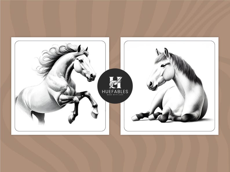 May include: Two black and white pencil drawings of horses. One horse is standing on its hind legs with its head turned to the side. The other horse is lying down with its head resting on its front legs. Both horses have a white coat and a black mane and tail.