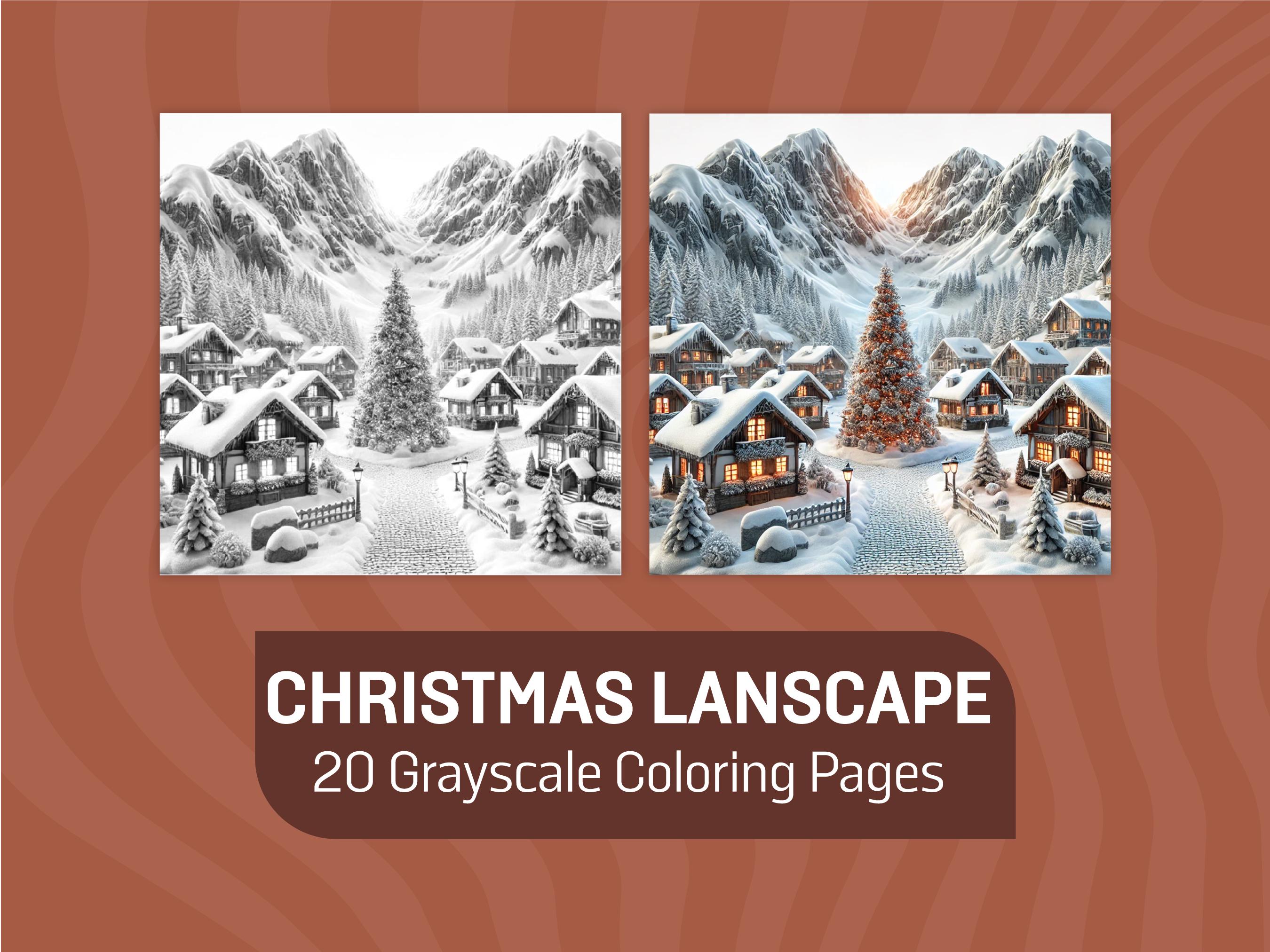 Weihnachten Landschaft Ausmalbilder | Winterliche Graustufen zum Ausmalen für Erwachsene und Kinder | Winter Landschaften Malbuch
