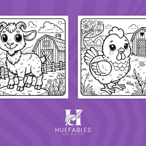 Educational coloring sheet showcasing a variety of farm animals, perfect for young learners.