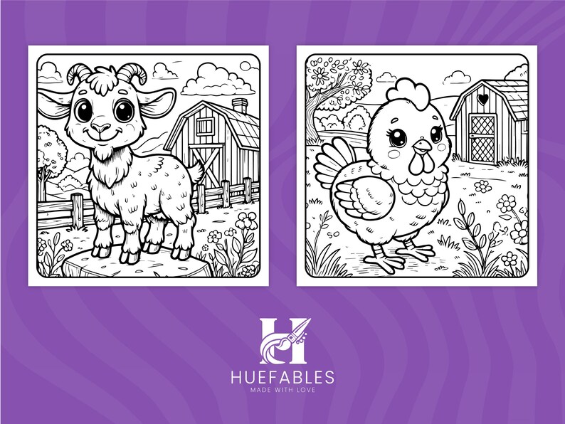 Educational coloring sheet showcasing a variety of farm animals, perfect for young learners.