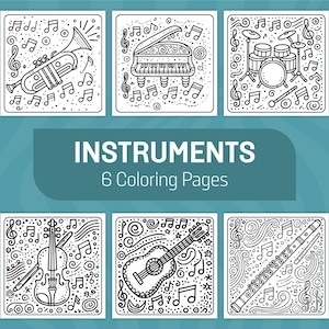 Pode incluir: Seis páginas para colorir em preto e branco que representam diferentes instrumentos musicais. As páginas incluem uma trombeta, um piano, uma bateria, um violino, uma guitarra e uma flauta. Cada página está cheia de notas musicais e espirais.