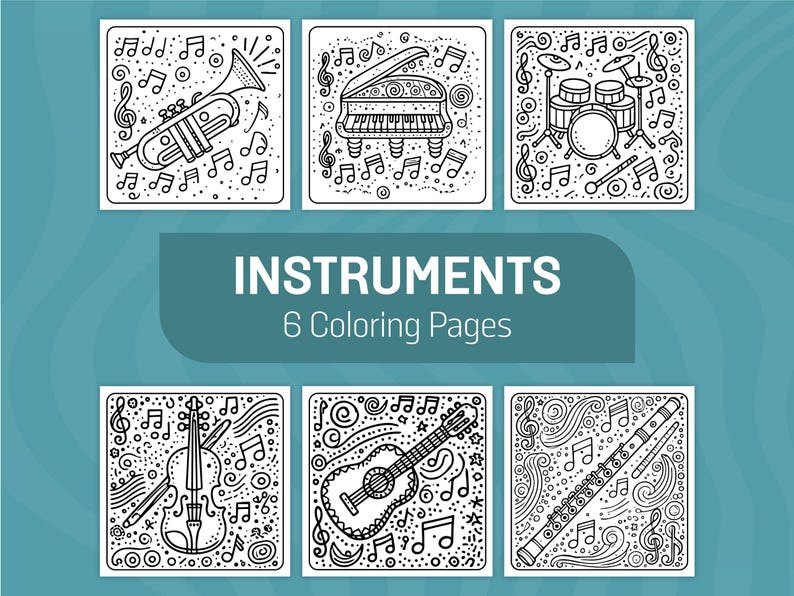 Printable coloring page featuring simple and bold instrument designs, perfect for preschool and kindergarten kids