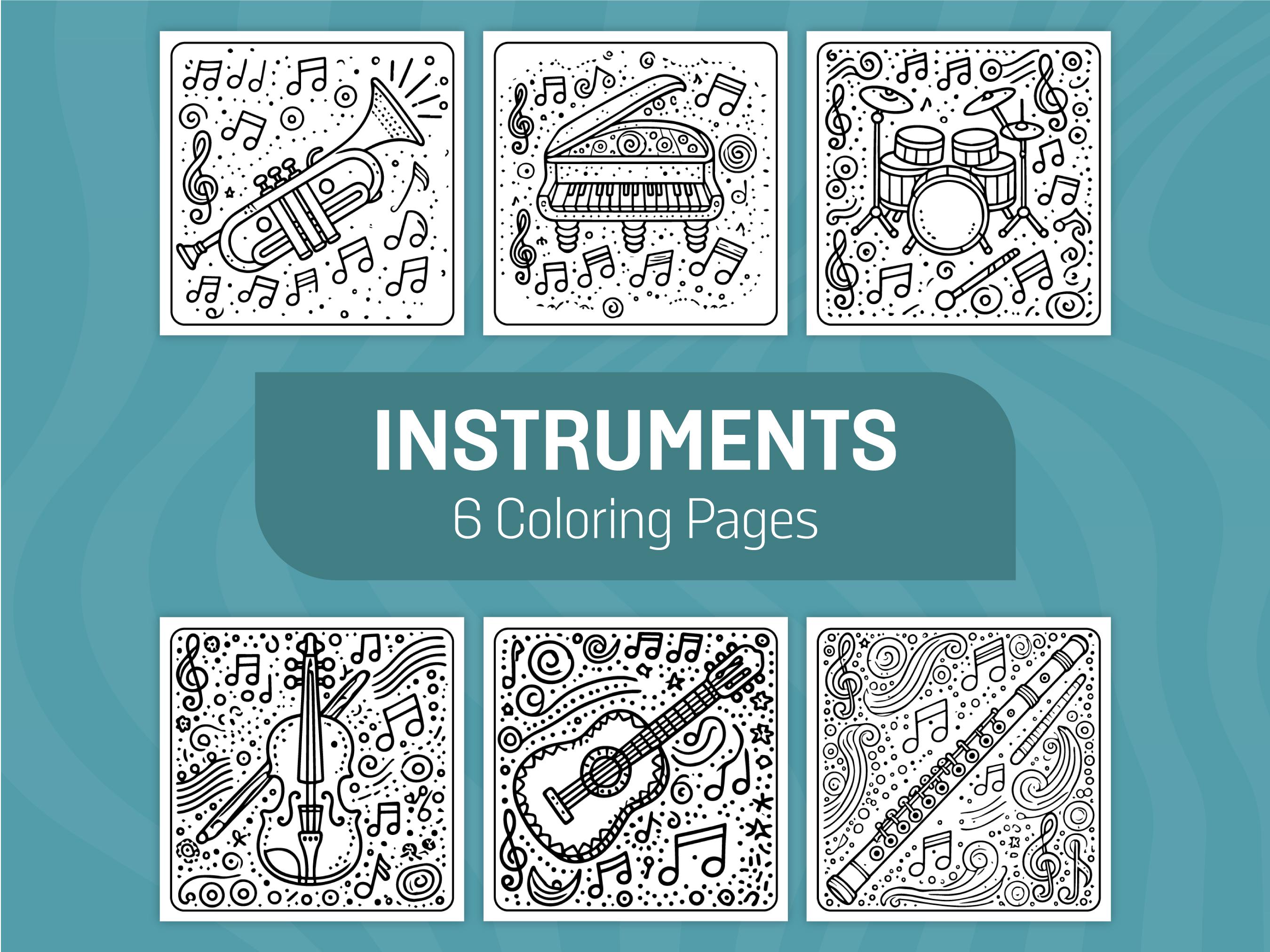 Musical Instruments Coloring Pages: Kids' Printable Activity (PDF) - Etsy