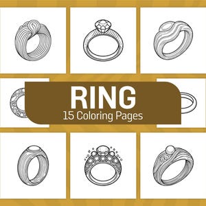 May include: A set of 15 coloring pages featuring different styles of rings. The pages are black and white and ready to be colored.  RING 15 Coloring Pages.