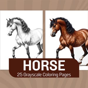 May include: Two images of a horse, one in grayscale and one in color. The horse is brown with a black mane and tail. The horse is walking with its head turned to the side. The text "HORSE 25 Grayscale Coloring Pages" is below the images.
