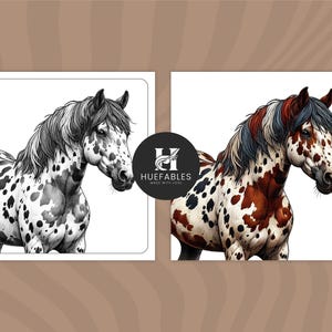 May include: A black and white illustration of a spotted horse with a white background. The horse has a black mane and tail. The horse is looking to the right.