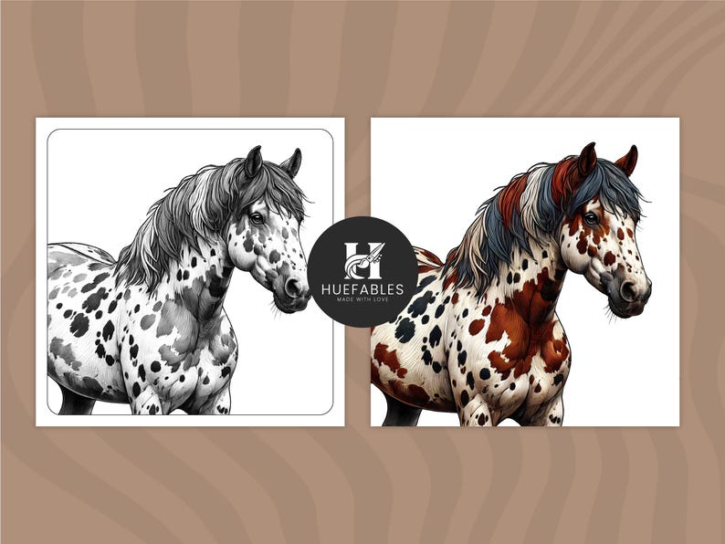 May include: A black and white illustration of a spotted horse with a white background. The horse has a black mane and tail. The horse is looking to the right.