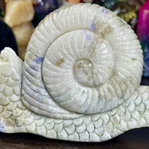 May include: A carved stone snail figurine in shades of white, gray, and pale blue. The snail's shell is spiraled, and the body is textured with scale-like patterns. The figurine is a decorative item.