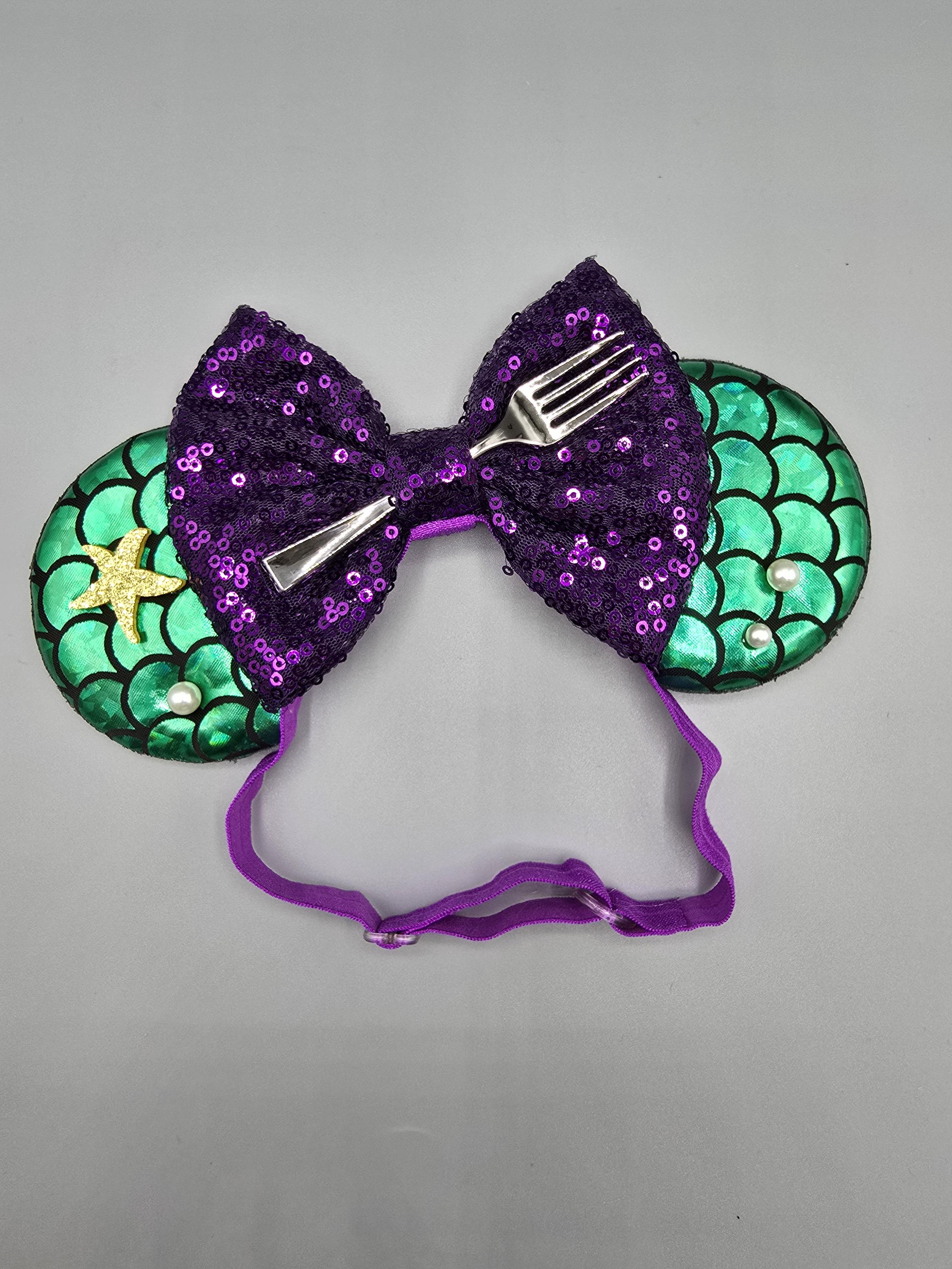 Ariel Little Mermaid Minnie Ears Headband, Sequin Bow & Fork 