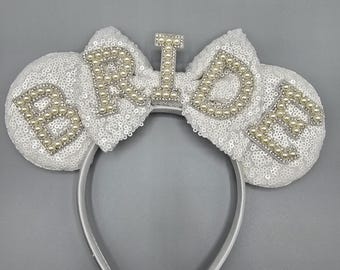 Mickey Minnie mouse ear headband disney bride bridal Bachelorette white sequin pearl rhinestone adult kids
