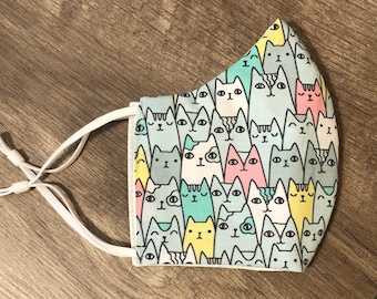 All the sketched cats - Teal/Pink/Colorful kitties - 3 layer, reusable cloth face mask