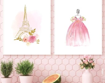 Paris Fashion Print Set – Eiffel Tower, Pink Gown (Digital Download)