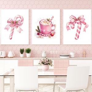 Pink Candy Cane Christmas Wall Art – Festive Hot Cocoa & Candy Print Set for Cozy Holiday Decor, Festive Kitchen Table Decor