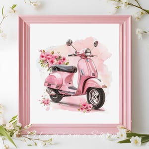 Pink Vespa Scooter Wall Art – Vintage Floral Watercolor Print – Retro Aesthetic Travel Decor – Feminine Pastel Home Artwork – Italian Vespa