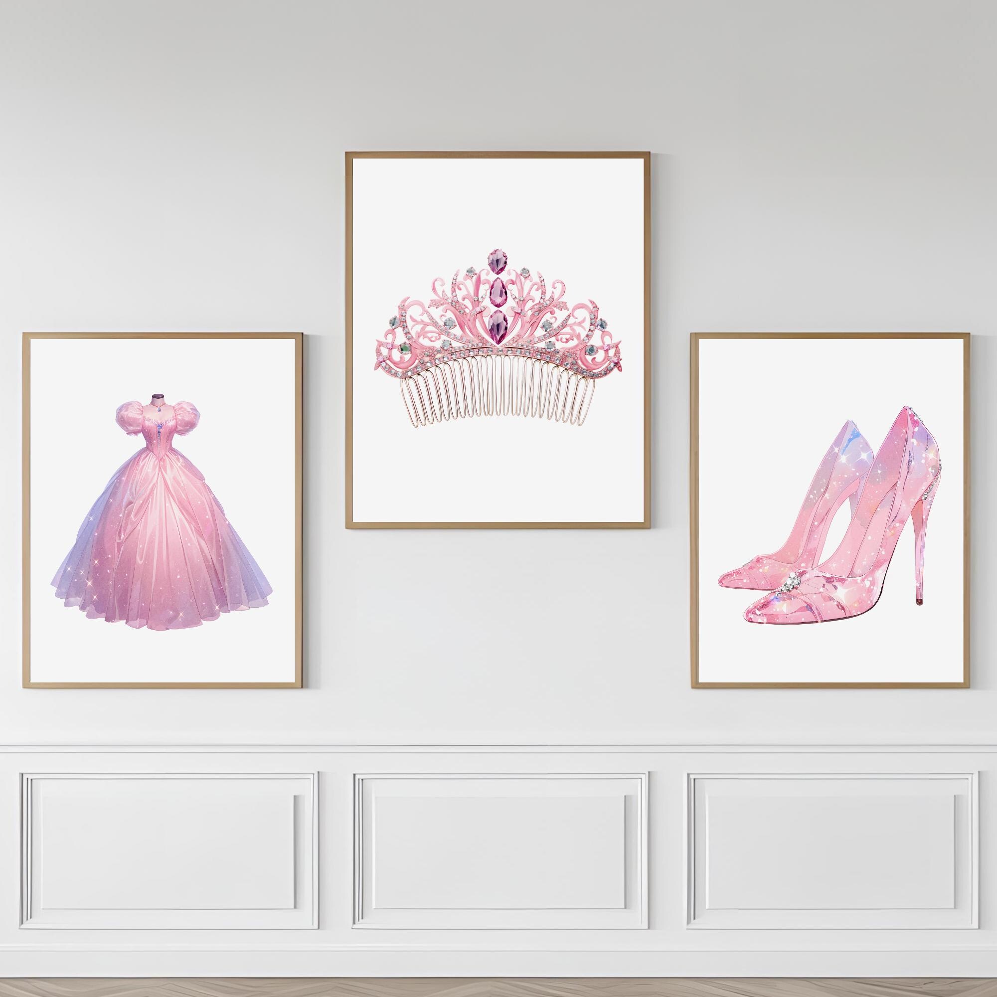 Fairy Tale Princess Wall Art Set – Pink Gown, Crown & Glass Heels – Magical Cinderella Aesthetic Printable for Girls Room And Nursery