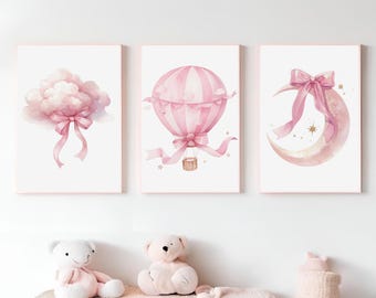 Blush Pink Nursery Wall Art – Dreamy Watercolor Cloud, Balloon & Moon Print Set, Soft Baby Girl Room Decor, Coquette Nursery Wall Decor