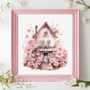 Whimsical Cottage Wall Art Print, Pink Floral Fairytale House, Cozy Watercolor Home Decor - Romantic Storybook Cottage Painting, Pastel Art