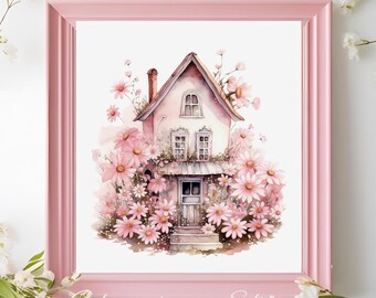 Cottage Watercolor Print, Pink Floral Fairytale House (Digital Download)