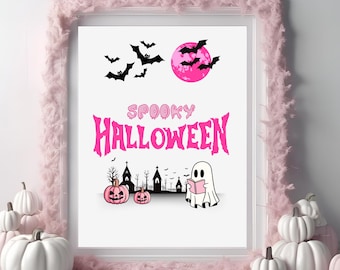 Pink Halloween Ghost Print – Pastel Goth Bats Moon (Digital Download)