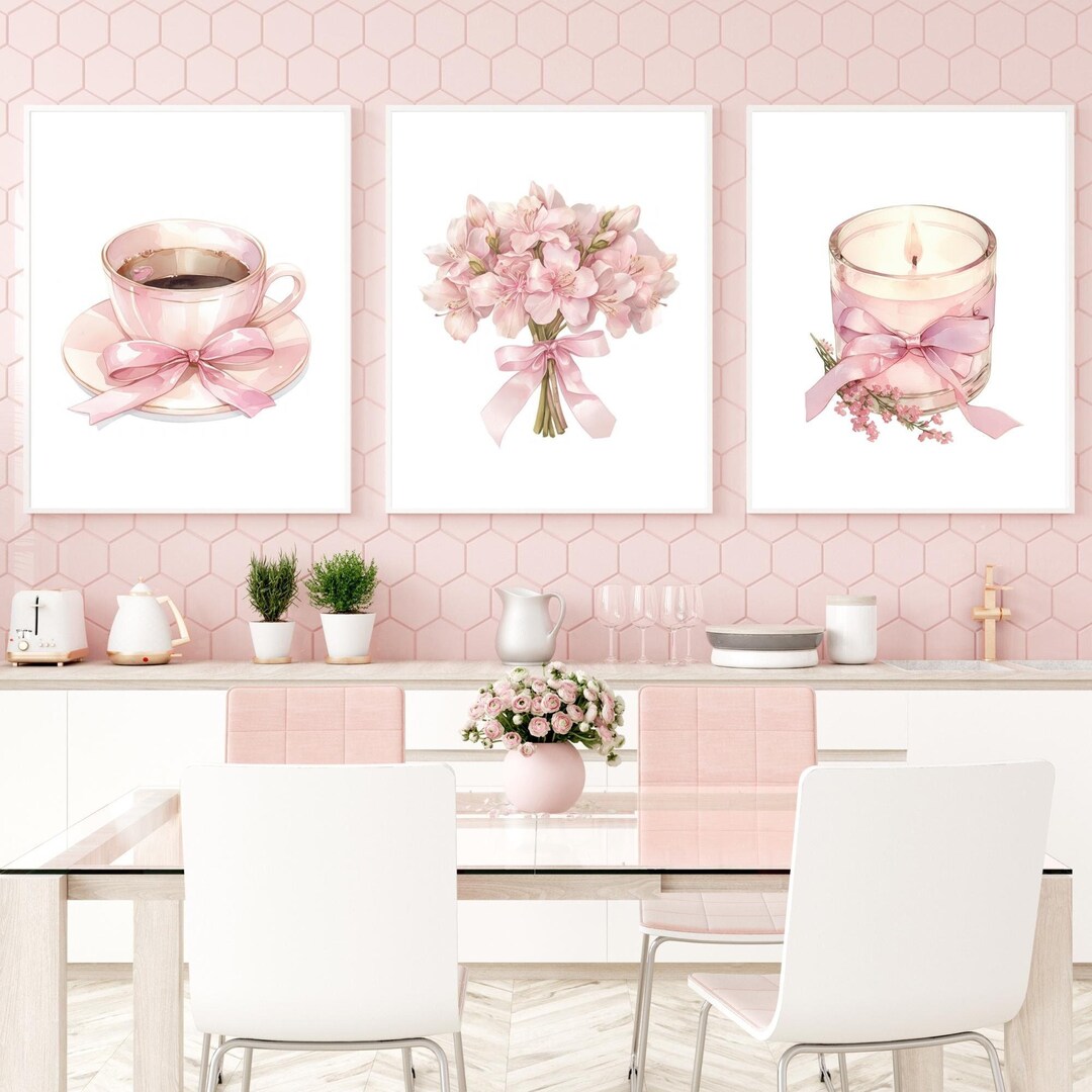 Blush Pink Wall Art Set – Coffee Cup, Floral Bouquet Candle Print ...