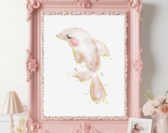 Blush Pink Dolphin Nursery Print – Cute Ocean Animal Wall Art, Baby Girl Room Decor, Watercolor Sea Life Illustration, Pink Nursery Decor