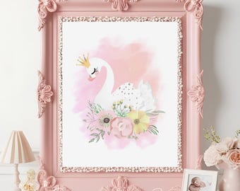 Elegant Swan Princess Wall Art – Blush & Gold Nursery Print, Floral Swan Illustration, Pastel Baby Room Decor, Princess Theme Artwork