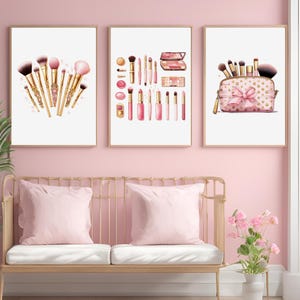 Pink Makeup Wall Art Set – Glam Beauty Room Decor – Fashionable Vanity Prints with Gold & Pink Brushes, Lipsticks And Cosmetics Posters