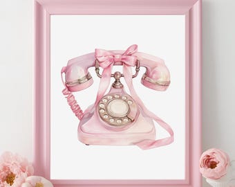 Impresión de acuarela de teléfono de disco rosa: Arte mural shabby chic (descarga digital)
