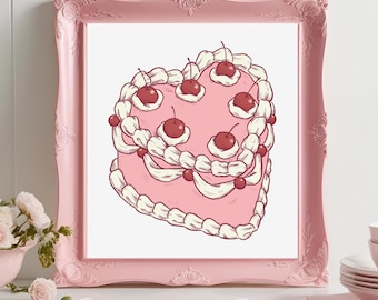 Vintage harttaart illustratie – Retro esthetische kersentaartprint, Cottagecore en kawaii dessertkunst, Valentijnsdag muurdecoratie, flirt