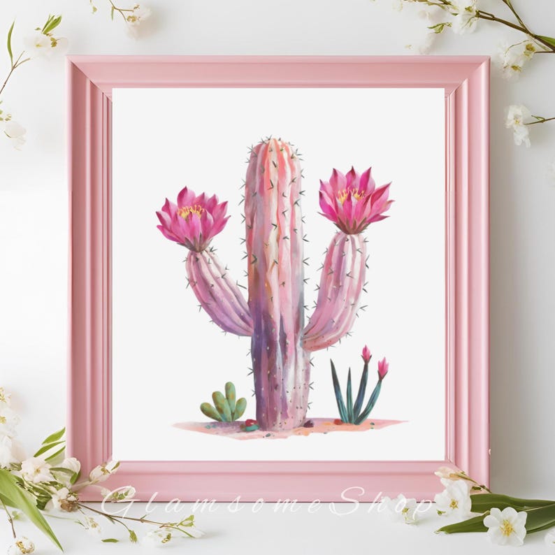 Pink Cactus Watercolor Print, Desert Floral Wall Art (digital Download ...