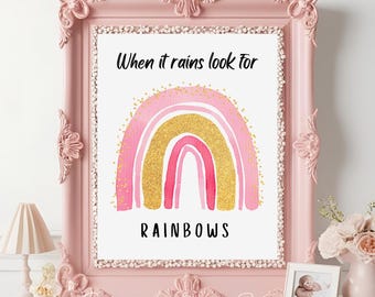 Pink And Gold Rainbow Printable Wall Art, Nursery Wall Decor, Girl Bedroom Wall Decor,  Inspirational Quote Printable - Glitter Effect Decor