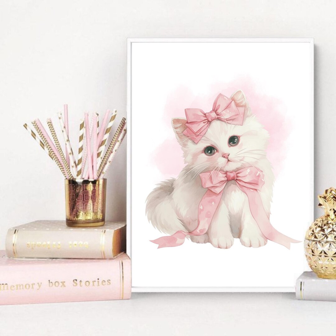 Elegant White Kitten Print Cute Cat Wall Art, Feminine Aesthetic Decor ...