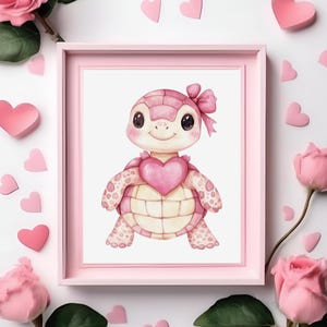 Watercolor Valentine Sea Turtle Print, Valentine&#39;s Day Wall Art, Pink Nursery Animal Print, Girly Bedroom Decor, Love Animal Poster, Hearts