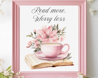 Roze esthetische leeskunst aan de muur – print gezellige boekenliefhebber – bloemen koffie en boeken decor – vrouwelijke Cottagecore bibliotheekkunst – literair cadeau