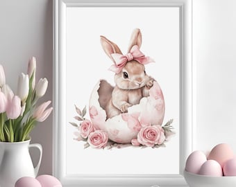Easter Bunny Floral Egg Print, Pastel Nursery Decor (Digital Download)