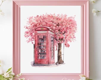 Romantische roze Londense telefooncel muurkunst – kersenbloesem aquarel print – vintage Britse decor rode telefooncel – digitale download