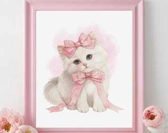 白い猫の油絵、ピンクのリボンをつけた可愛い子猫のアート（デジタル