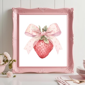 Sweet Strawberry Wall Art – Pink Bow Aesthetic Print, Feminine Cottagecore Decor, Girly Kitchen & Nursery Illustration, Coquette Wall Decor
