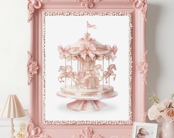 Pink Carousel Print, Baby Girl Nursery Wall Art, Pink Nursery Wall Decor, Animal Nursery Art Prints, Horse Nursery Wall Art, Girly Bedroom
