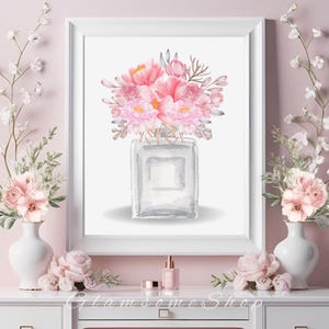 Blush Pink Floral Perfume Bottle Wall Art – Chic Feminine Printable for Glamorous & Modern Home Decor, Vanity Table Decor, Beauty Salon Art